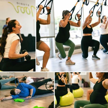Femmes enceintes en cours prénatal au Studio Moov : entraînement fonctionnel et étirements adaptés à la grossesse